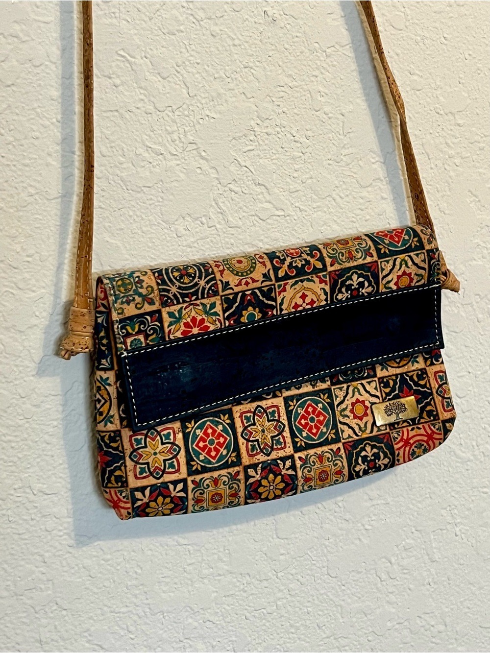 Portuguese Cork Crossbody Bag Blue Tile Print Tree of Life Vegan Boho Purse Euro